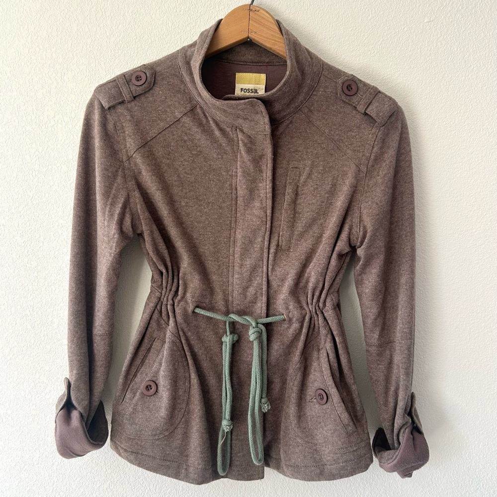 Fossil Brown Drawstring Utility Jacket Cotton Blend Gorpcore Streetwear Preppy S
